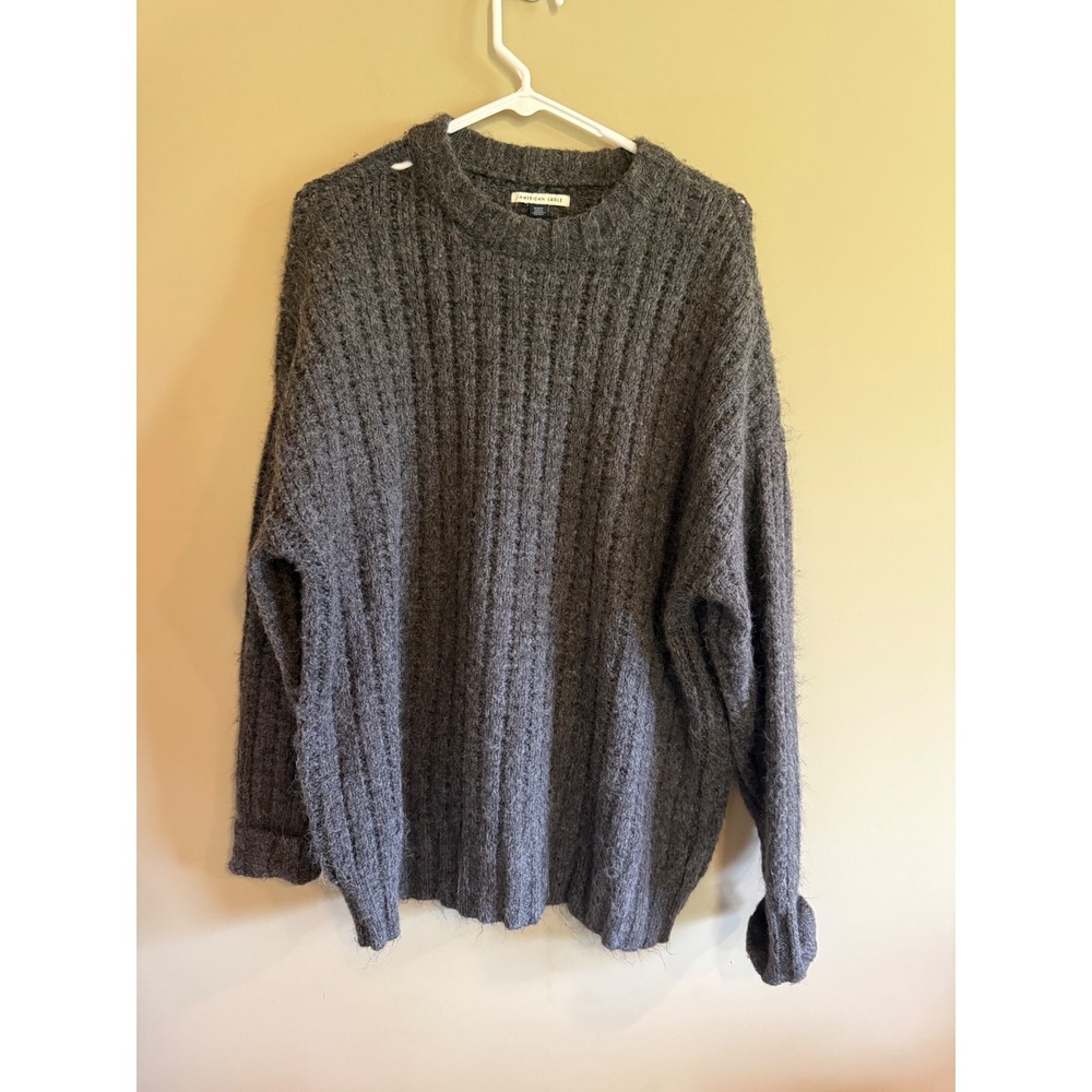 American Eagle Womens Charcoal Grey Ribbed Knit Oversized Crew Neck Sweater M